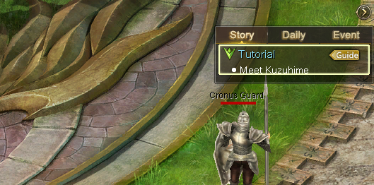 In-game quest tracker showing the active Tutorial — Meet Kuzuhime task next to the Cronus Guard NPC.