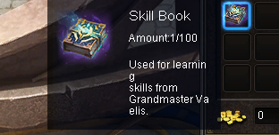 Inventory item tooltip showing the Skill Book — used for learning skills from Grandmaster Vaelis.