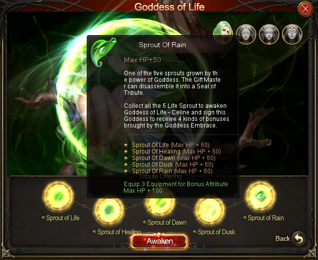 Goddess of Life awakening interface listing the five Sprouts of tribute.