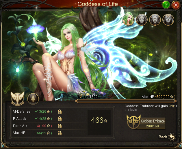 Goddess of Life embrace screen showing M-Defense, P-Attack, Earth Atk, and Max HP rolls.